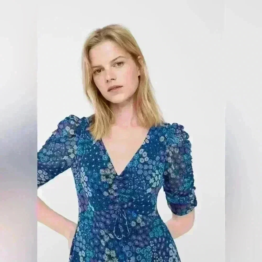 MANGO Floral Print Dress with Ruching in Blue and Purple Hues